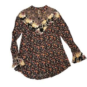 Free People Boho Floral Blouse Women S Black Multicolor Peasant Hippie Tunic Top